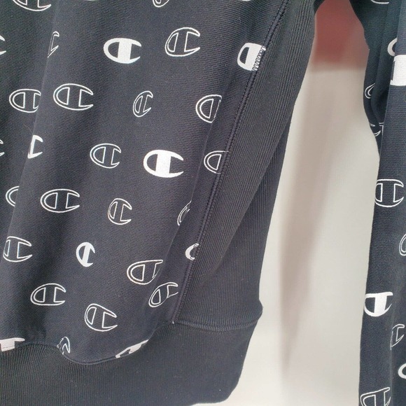 Champion Reverse Weave Hoodie Men's Small Black All Over Logo Side Stretch Flaw - Picture 8 of 14